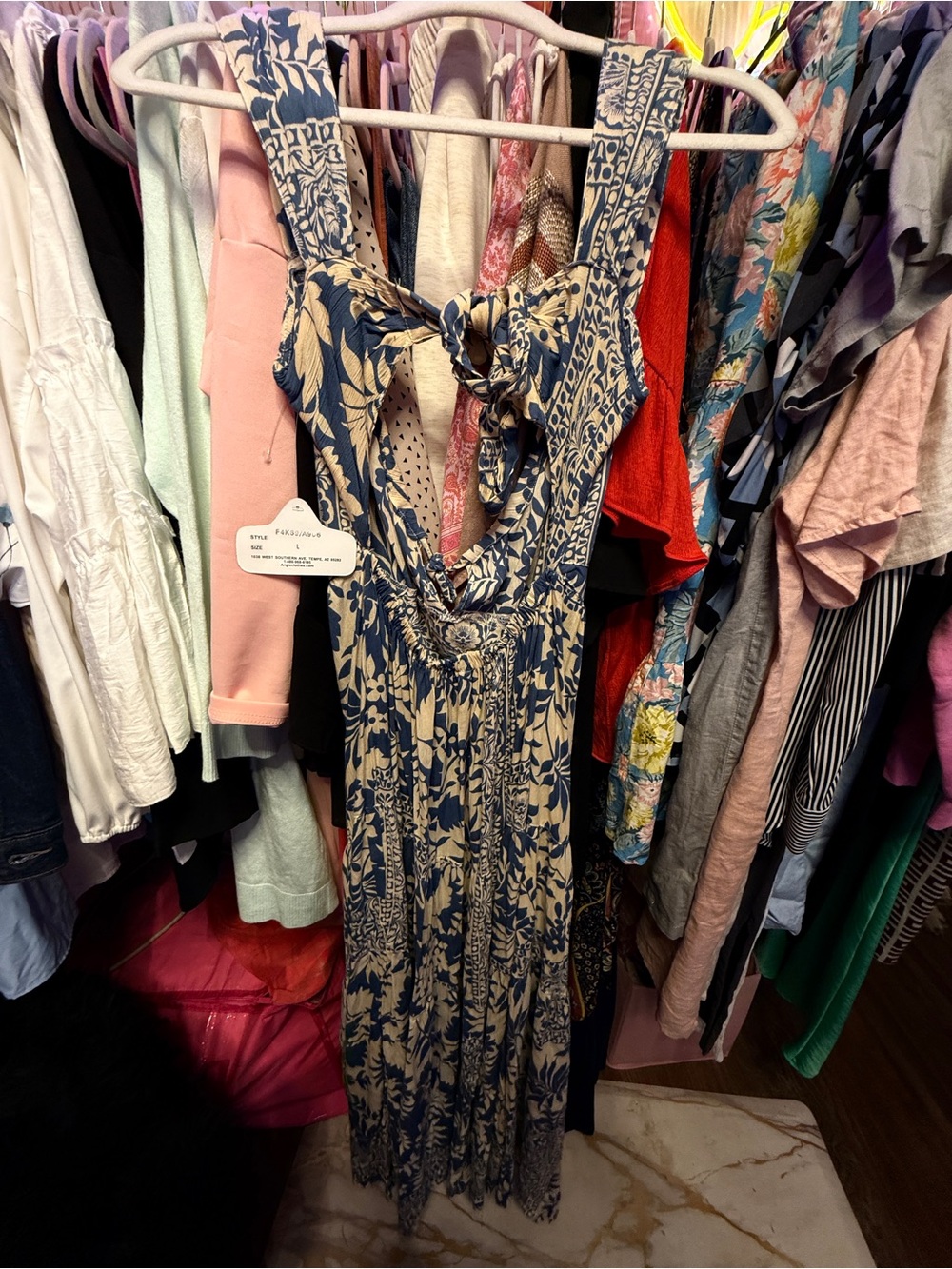 Angie Navy and Cream Backless Tie-Back Maxi Dress